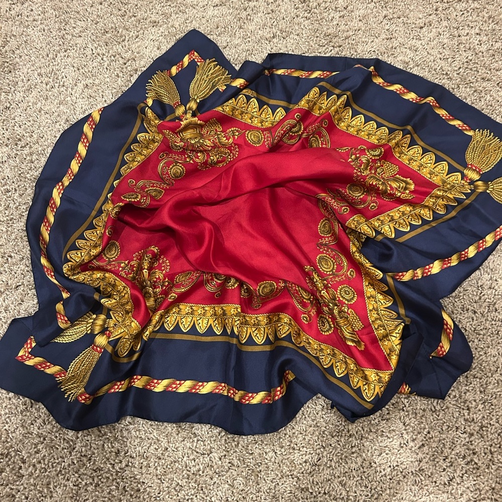 Vintage Red and Blue Echo Scarf with Gold Accents